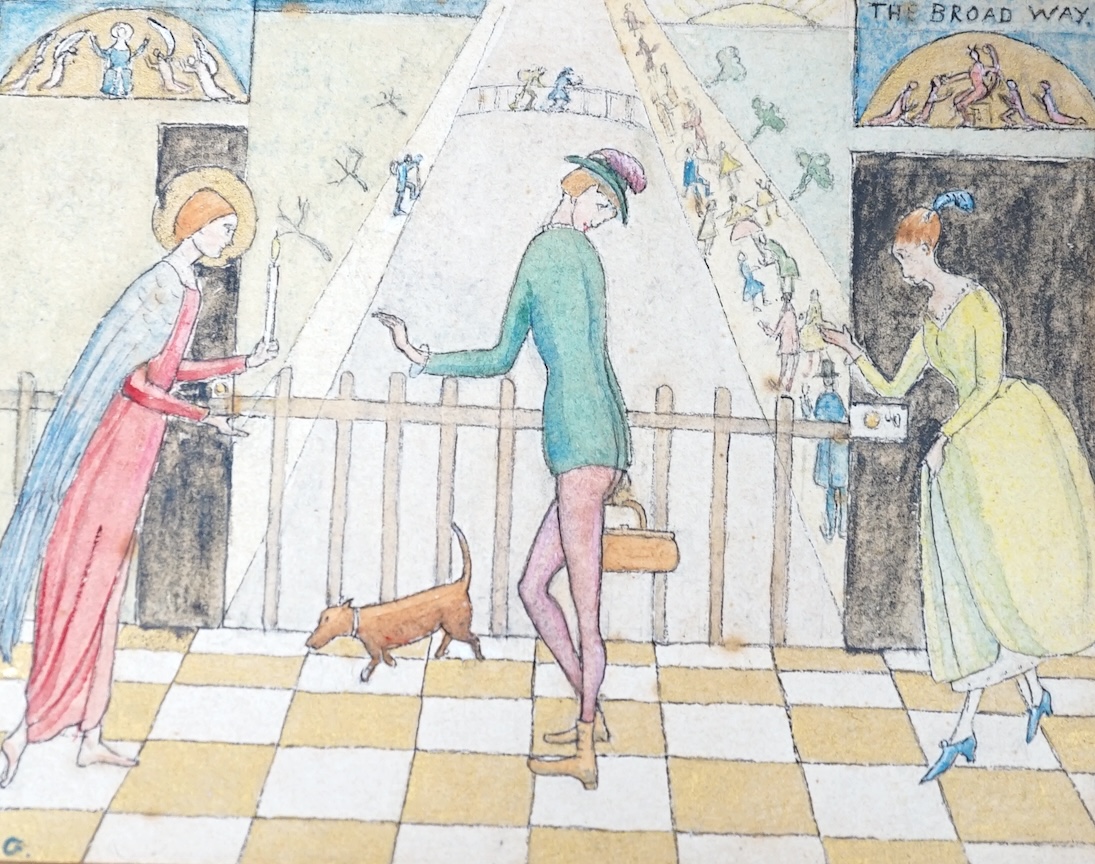 From the Studio of Fred Cuming. Millicent George (Exh.1912-13), watercolour cartoon, ‘The Broad & Narrow Way’, initialled, ink inscription verso, 10 x 12cm. Condition - fair